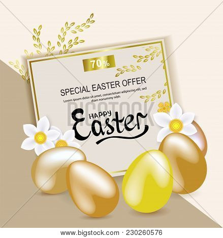 Gold Yellow Easter Eggs, White Snowdrops On The Betge Background. Easter Banner