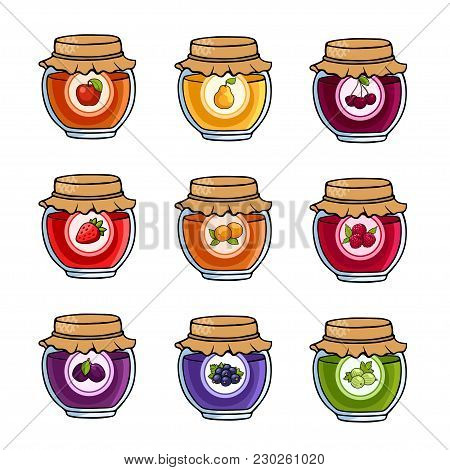 Set Of Colored Jars With Delicious Homemade Jam. Apple, Pear, Cherry, Strawberry, Peach, Raspberry, 