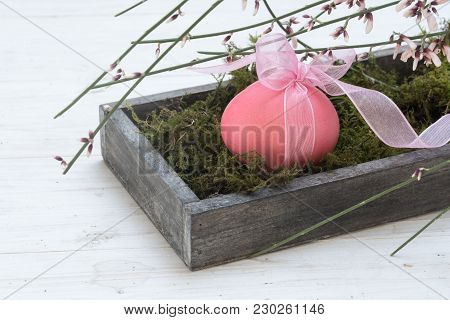 Easter Decoration, Single Pink Egg In A Wooden Box With Moss And Genista Flowers On White Painted Wo