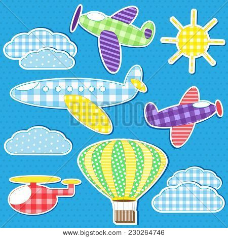 Air Transport. Vector Set Of Textile Stickers
