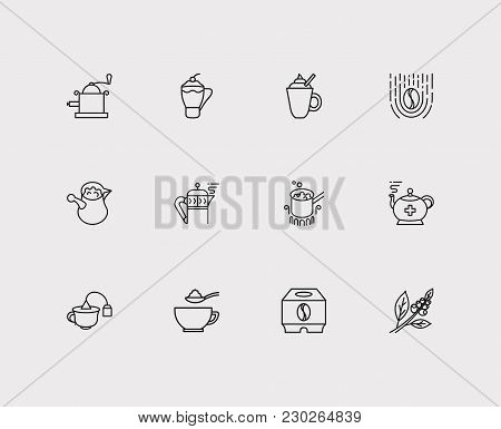 Cafe Icons Set. Hand Coffee Grinder And Cafe Icons With Stovetop Espresso, Coffee Beans And Cafe Mac