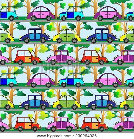 Cartoon Colorful Car.seamless Vector Pattern. Baby Background