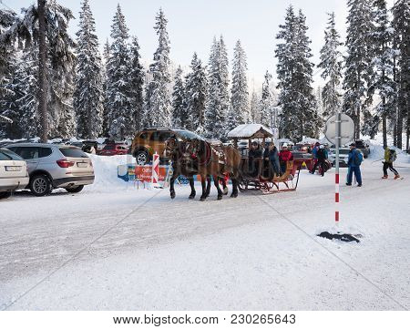 Strbske Pleso, High Tatras, Slovakia - February 11, 2018: Horse Sleigh Carriage In Strbske Pleso.