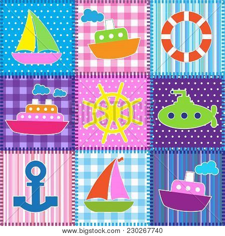 Patchwork In Marine Style.seamless Baby Vector Background