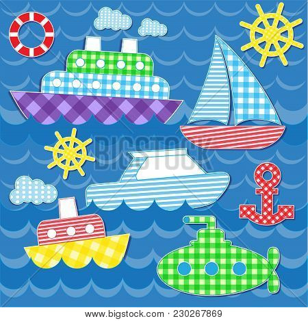 Set Of Vector Colorful Sea Transport Stickers