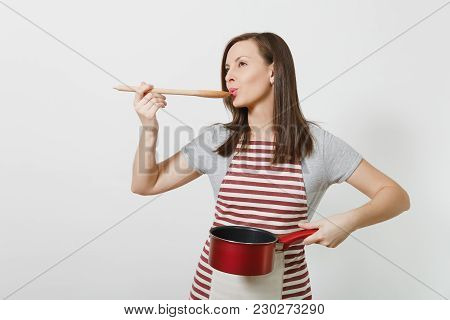 Young Smiling Caucasian Housewife In Striped Apron, Gray T-shirt Isolated On White Background. Beaut
