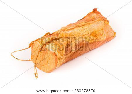 Smoked Brisket Bandaged With String Isolated On White Background. Meat Products.
