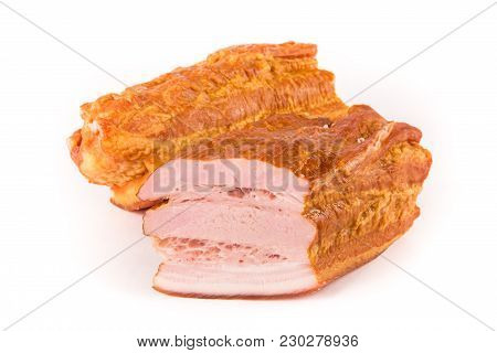 Two Pieces Of Smoked Brisket With A Layer Of Bacon Isolated On White Background. Meat Products.