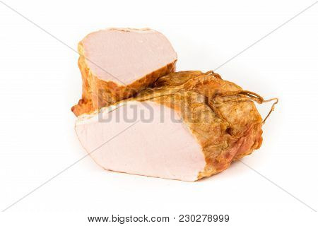 Two Pieces Of Smoked Brisket Isolated On White Background. Meat Products.