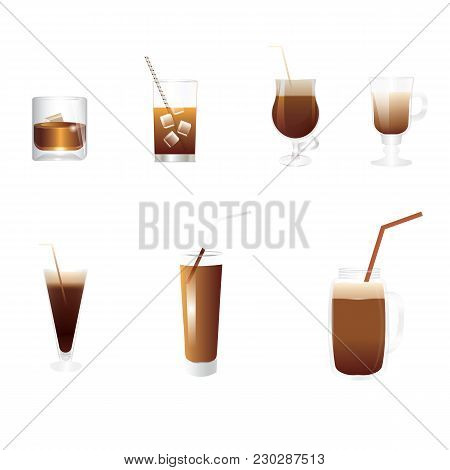 Set Of Seven Drinks Of Brown Tones - In Transparent Glasses Of Different Shapes - Cognac, Cocktail, 