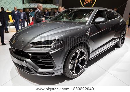 Geneva, Switzerland - March 6, 2018: New Lamborghini Urus Suv Car Presented At The 88th Geneva Inter