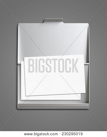 Blank Business Card And Cardholder Mockup Isolated On Dark Grey Background