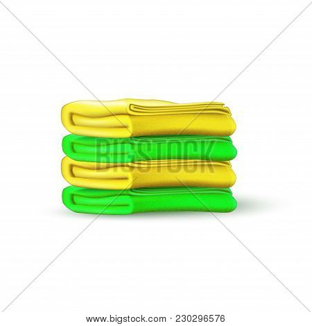 Vector Green Yellow Towel Mockup. Folded Bathroom Textile Terry Cotton Cloth Pile, Beach Holiday Vac