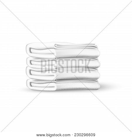 Vector White Towel Mockup. Folded Bathroom Textile Terry Cotton Cloth Pile, Beach Holiday Vacation H