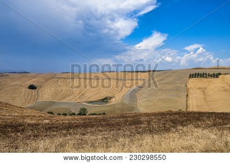 Country Landscape Along The Road From Asciano To Siena, Tuscany, Italy, At Summer