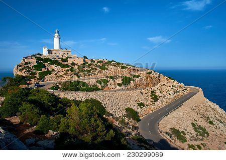 Lighthouse At Cap De Formentor On Majorca While Sunset.