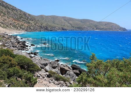 Crete Island Nature In Greece. Coast Of Kedrodasos Near Elafonisi (or Elafonissi).