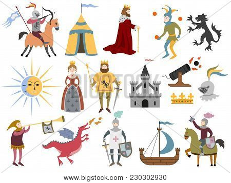 Big Set Of Cartoon Medieval Characters And Medieval Attributes On White Background. Vector Illustrat