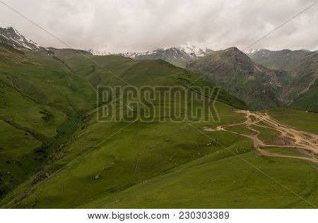 Mount Kazbek View From Stepantsminda Town In Georgia. It Is A Dormant Stratovolcano And One Of The M