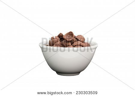 Cocoa Flavored Cereal In White Ceramic Bowl Isolated On White Background With Clipping Path