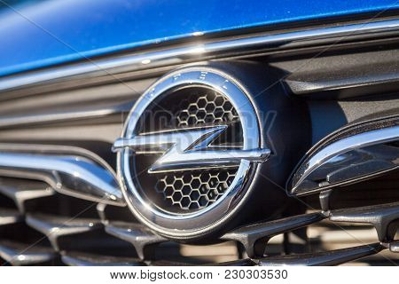 Nuernberg / Germany - March 4, 2018: Opel Logo On A Car At An Opel Car Dealer In Germany. Opel Autom