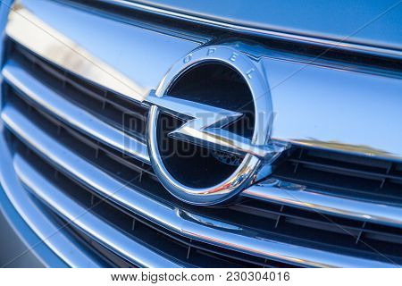 Nuernberg / Germany - March 4, 2018: Opel Logo On A Car At An Opel Car Dealer In Germany. Opel Autom