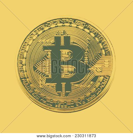 Bitcoin Coin Photo Close-up. Crypto Currency, Blockchain Technology On Yellow Background