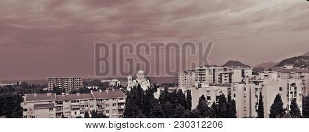 Amazing View From Balcony. City Bar, Montenegro, Sea, Mountains And White Buildings. Blackand White