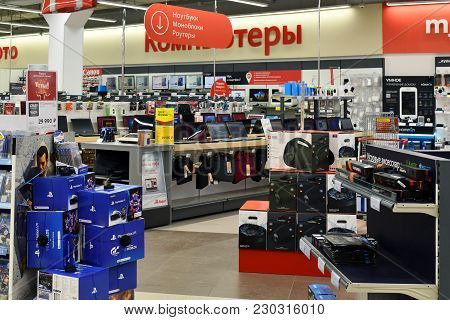 Khimki, Russia - March 08. 2018. Inside Of Shop Mvideo In A Shopping Center League