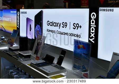 Khimki, Russia - March 08. 2018. Phone Samsung Galaxy S9 In Shop Mvideo In A Shopping Center League