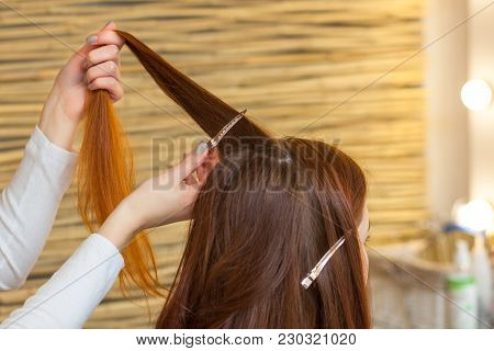 Hairdresser Combing Her Long, Red Hair Of His Client In The Beauty Salon. Professional Hair Care And