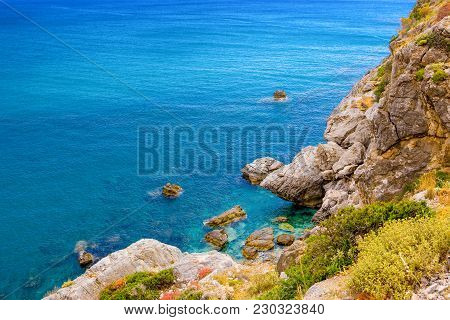Beautiful Summer Landscape Of The Rocky Beach In Preveli, Kourtaliotiko Gorge, Crete, Greece