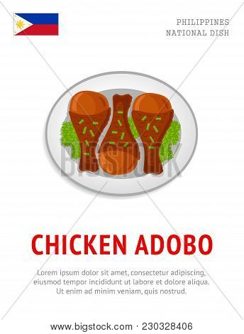 Chicken Adobo. National Filipino Dish. View From Above. Vector Flat Illustration.