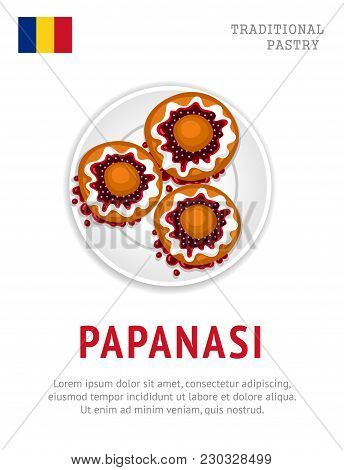 Papanasi. National Romanian Dish. Traditional Pastry. View From Above. Vector Flat Illustration.