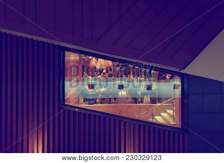 Kyiv - Ukraine - January 2018: Outdoors View Of Window Of The Rhomboid Form Of A New Restaurant Mcdo