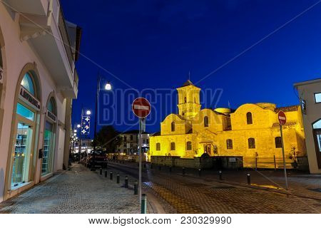 Larnaca, Cyprus, January 5 2018: Blue Hour At The Church Of Saint Lazarus In The Historic Center Of 
