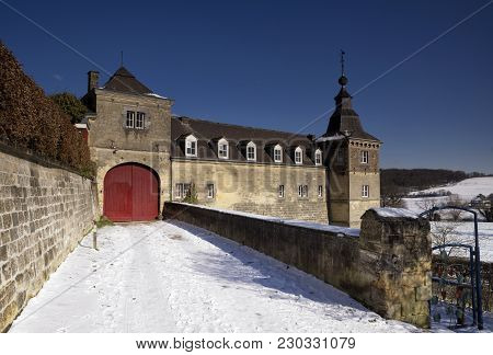 Snowy Access Road To The Gate Of Castle Neercanne Near Maastricht