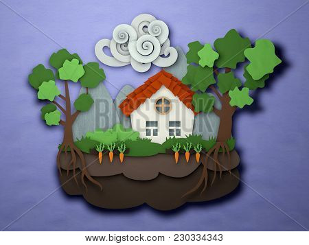 Papercut Small House Postcard. Paper Craft Landscape. Origami Crafted Paper House With Clouds Trees 