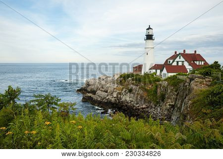 Portland Head Lighthouse Stand Over Rocky Cliffs At Low Tade With Wildflowers Blooming On A Warm Sum