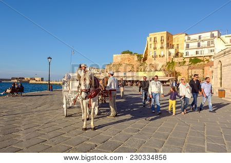 Chania, Crete - 1 May, 2015: Horse Carriage In Old Port Of Chania On Crete Island, Greece.