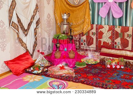 Novruz Tray Plate With Azerbaijan National Pastry Pakhlava And Shekerbura Purple Silk Scarf . Novruz