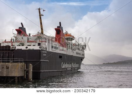 Ullapool, Scotland - June 8, 2012: Black White And Red Ferry Boat Named Caledonian Macbrayne Docked 