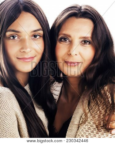 Cute Pretty Teen Daughter With Real Mature Mother Hugging, Fashion Style Brunette Makeup Close Up Ta