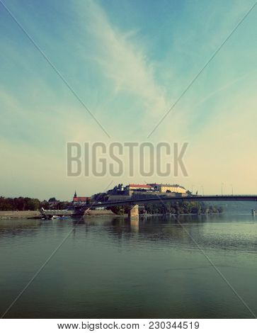 Petrovaradin Fortess, Novi Sad, Serbia. River Danube, Bridge And Perfect Blue Sky. Amazing Historic 