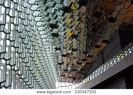 Reykjavik, Iceland - May 2, 2017: Majestic Glass Wall And Mirrored Ceiling Of The Harpa Concert Hall
