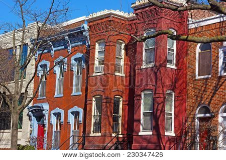 Historic Residential Architecture Of Washington Dc, Usa. Shaw Neighborhood Townhouses Under The Afte