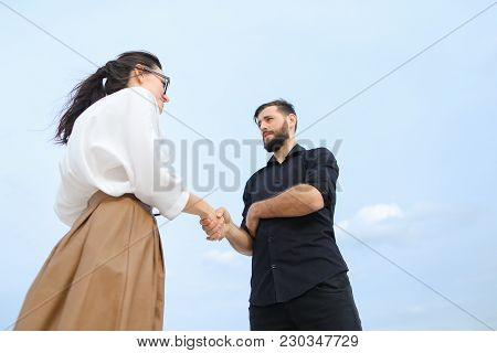 Landscape Designer Woman Come To Customer S New House To Show Sketches, People Standing Outdoors Dis