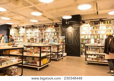 YEKATERINBURG, RUSSIA - OCTOBER 14, 2017: Books on Bookshelves For Sale In Yeltsin Center Book Store