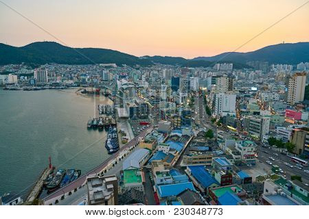 BUSAN, SOUTH KOREA - CIRCA MAY, 2017: view of Busan from Lotte Department Store. Busan, formerly known as Pusan, is South Korea's second most-populous city after Seoul.