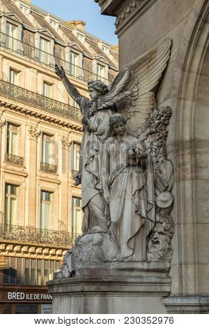 Paris, France, March 27 2017: Architectural details of Opera National de Paris: Dance Facade sculpture by Carpeaux. Grand Opera Garnier Palace is famous neo-baroque building in Paris